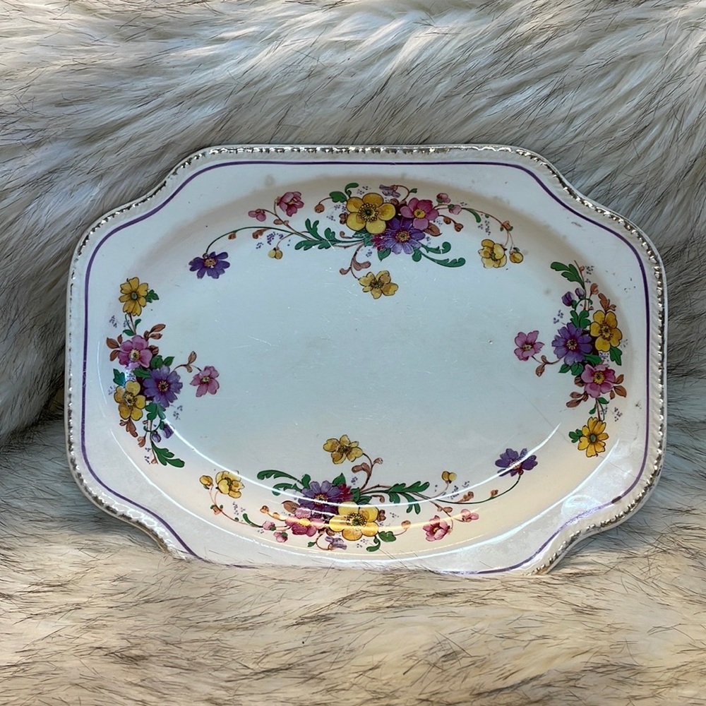 Vintage Harker 1840 platter, 7 1/2” x 10”. Floral print with gold trim